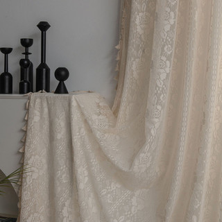 Rèm cửa vải cotton mỏng phối ren và tua rua họa tiết hoa hồng trang trí cửa sổ
