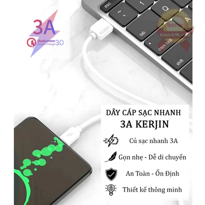 Cáp sạc nhanh Kerjin quickcharge 3A cổng MicroUsb Lightning ios Type C cho điện thoại iphone Samsung Oppo …