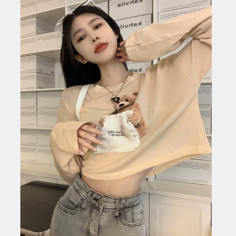 Áo Thun Dệt Kim Tay Dài Dáng Rộng In Họa Tiết Hoạt Hình Xinh Xắn