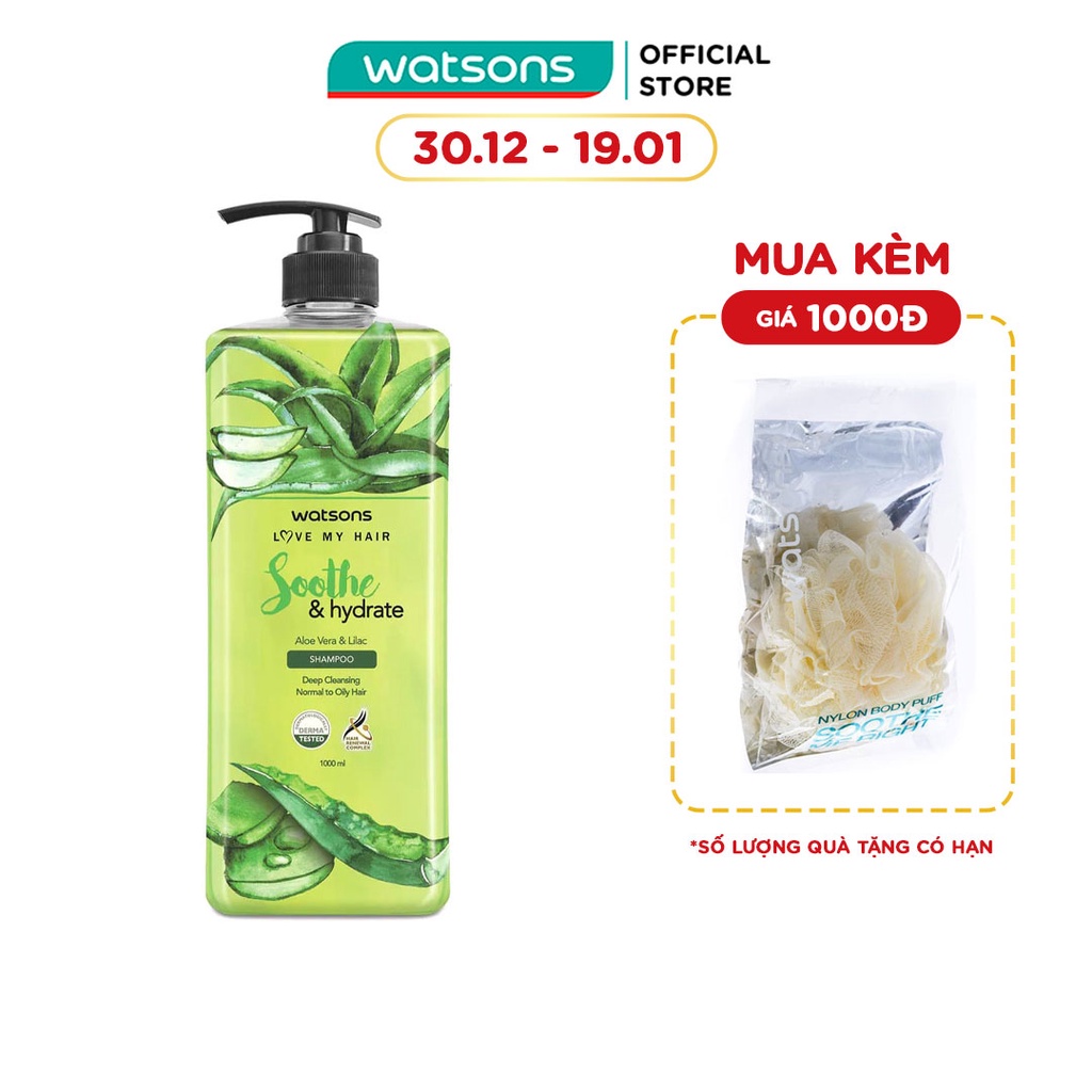 Dầu Gội Watsons Love My Hair Aloe Vera &amp; Lilac Shampoo Cấp Nước Dành Cho Tóc Thường Và Dầu 1000ml