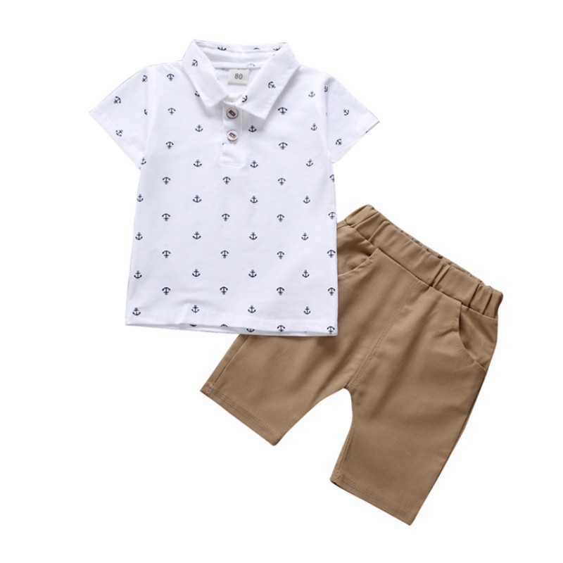 Set áo thun có cổ + quần short khaki lưng thun phong cách hải quân dành cho bé trai