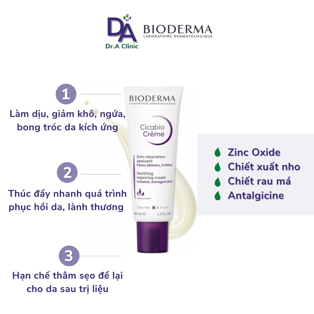 Kem Dưỡng Ẩm Phục Hồi Da Bioderma Tím Cicabio Cream 40ml cho da khô và da nhạy cảm cực lành tính - Dr.A Clinic