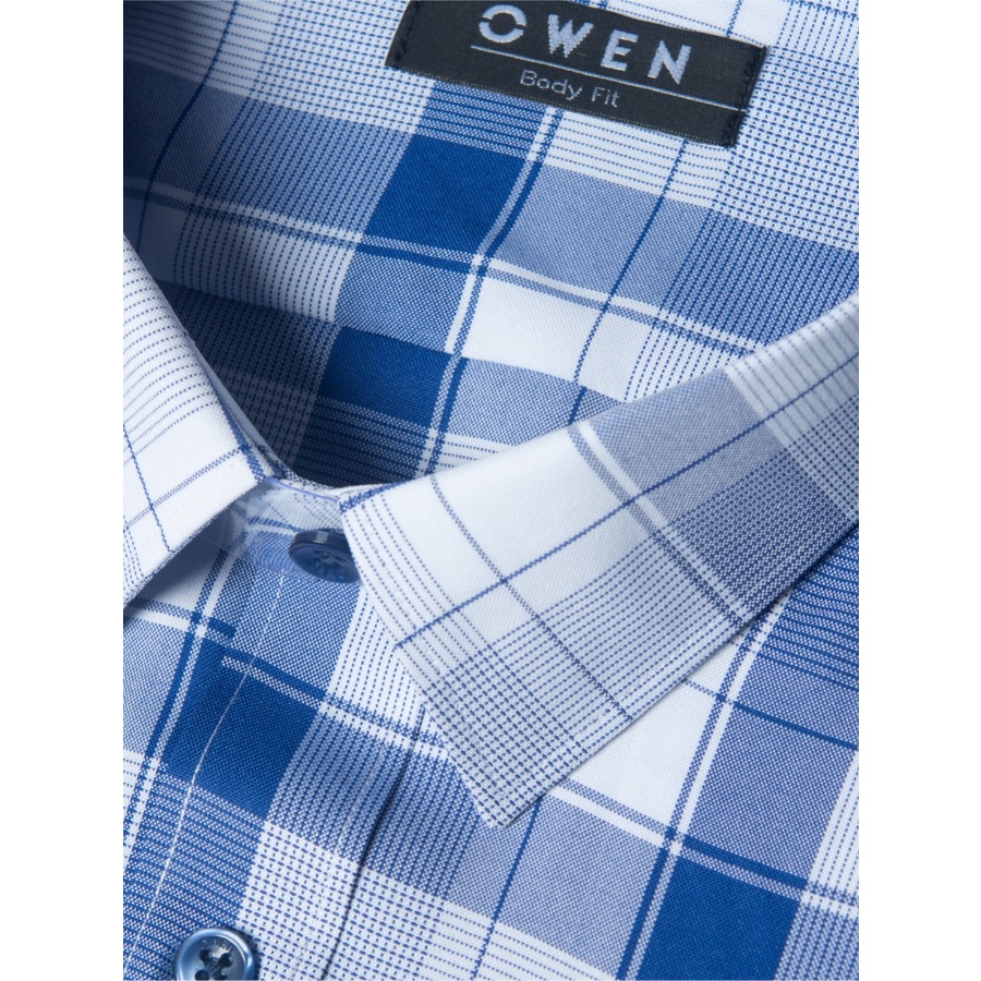 Áo Sơ Mi Nam Ngắn Tay OWEN BA220117NT Somi Công Sở Cao Cấp Màu Kẻ Caro Lớn Navy Trắng Vải Nano Dáng Suông Tà Bằng Có Túi