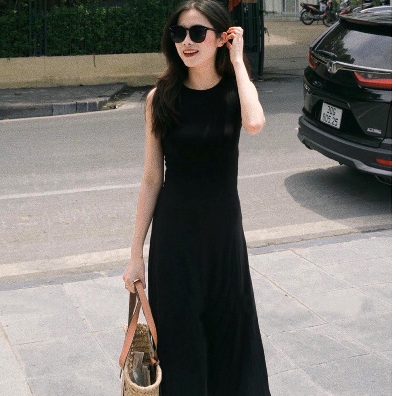 Váy sát nách dáng dài, đầm nữ không tay dáng midi xòe đen freesize dưới 60kg tiểu thư basic phom ôm hàn quốc