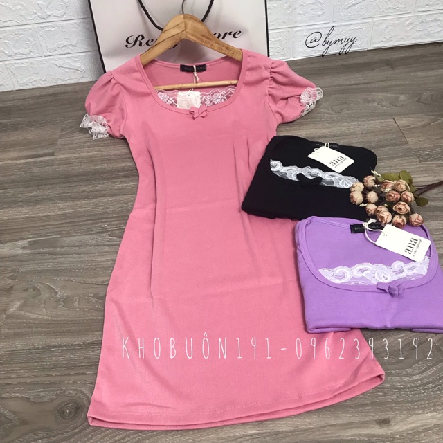 Đầm Body Nữ - Váy Cổ Vuông Tay Bồng Phối Ren Nơ Ngực Sexy - VN11