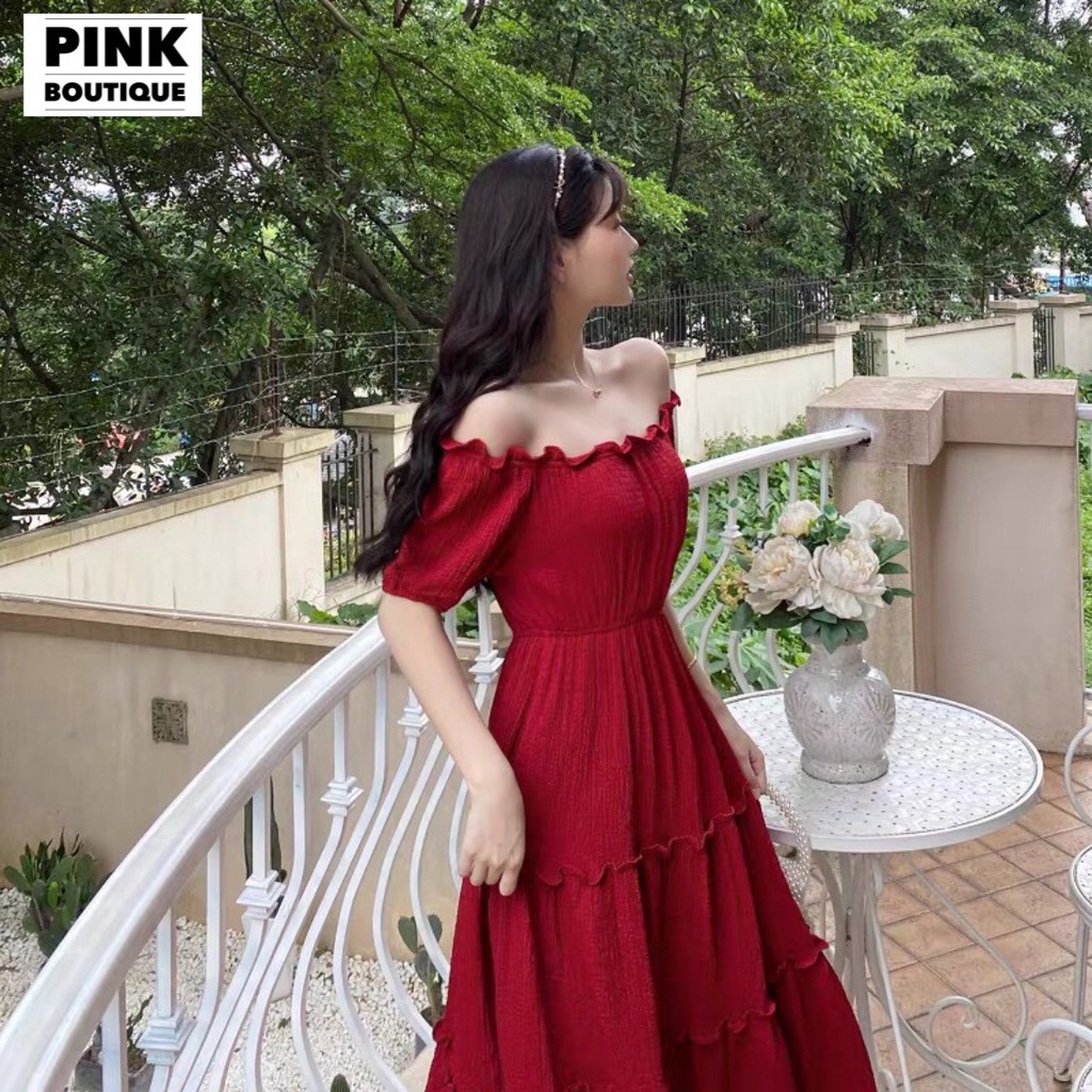 Váy Maxi Trễ Vai Bèo Tầng Xòe Dài Qua Gối Vintage Đi Biển Dự Tiệc  Big Size Đũi Thiết Kế PINKBOTIQUE