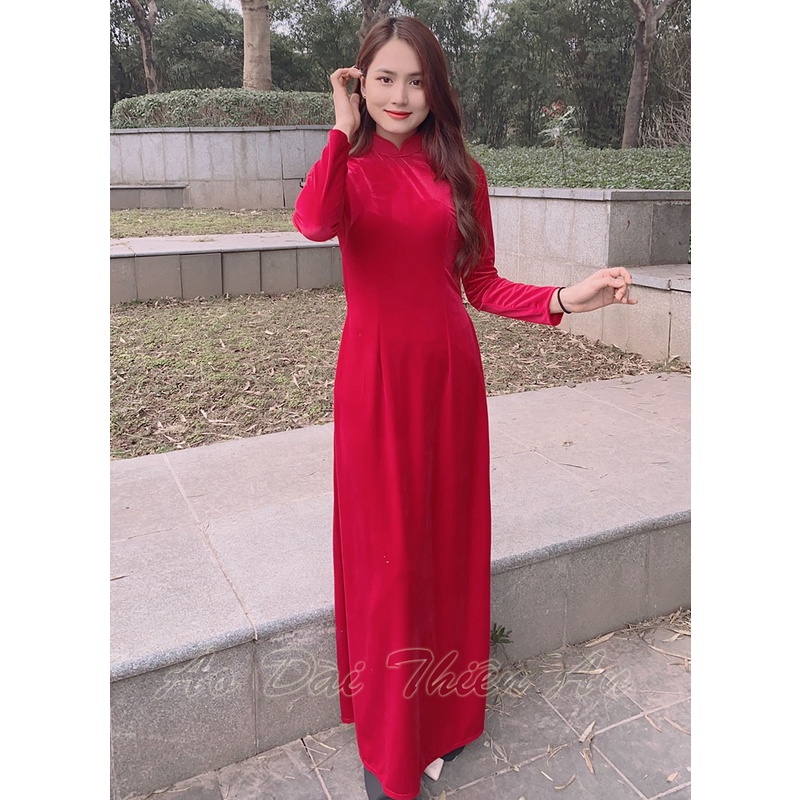 Áo Dài Truyền Thống nữ chất Nhung màu Đỏ Đô dáng xưa may sẵn Thiên An MS:AD05