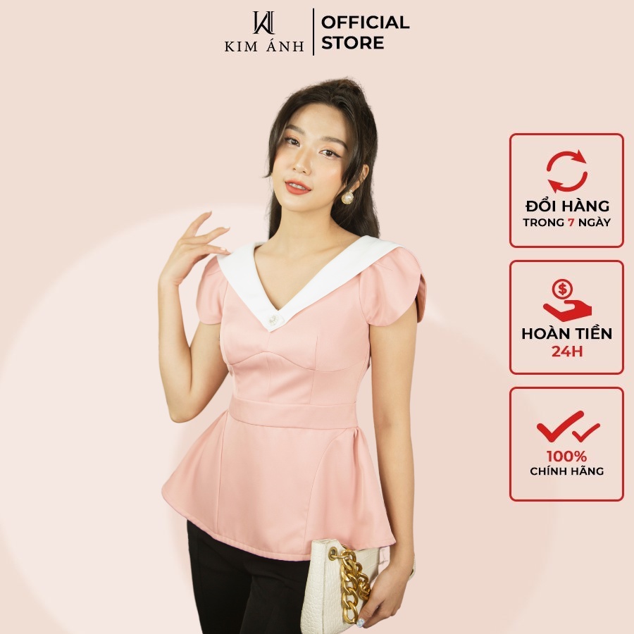Áo Kiểu Thiết Kế Nữ Chính Hãng Kim Ánh, Cổ Áo Chữ V Phối Viền, Dáng Áo Xòe Chất Liệu Lụa AKSX32004