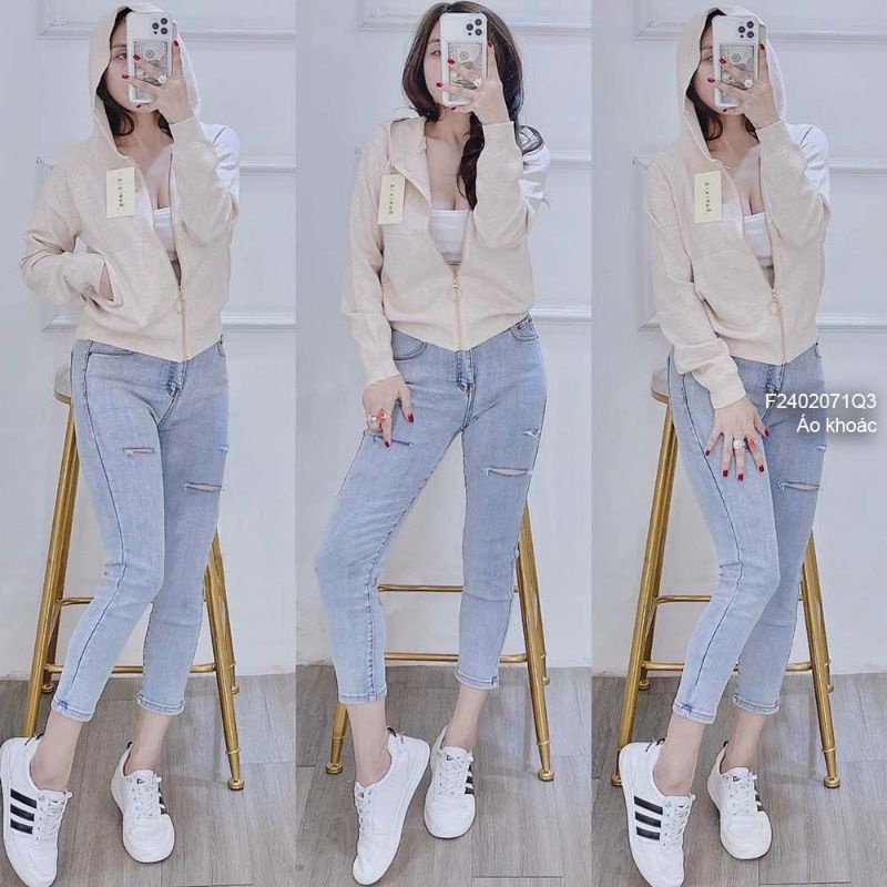 Áo khoác len dệt kim có nón kéo khóa đắp túi trước tay dài hàng Quảng Châu 2402
