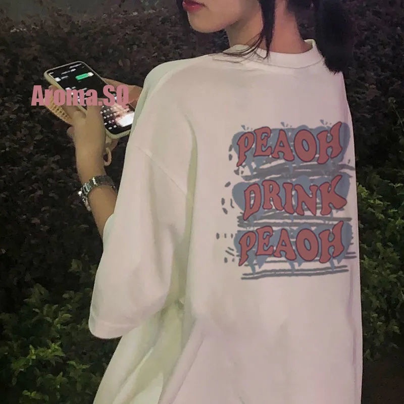 Áo Thun 100% Cotton Tay Ngắn Dáng Rộng In Chữ Trước Và Sau Phong Cách Harajuku Cho Nữ