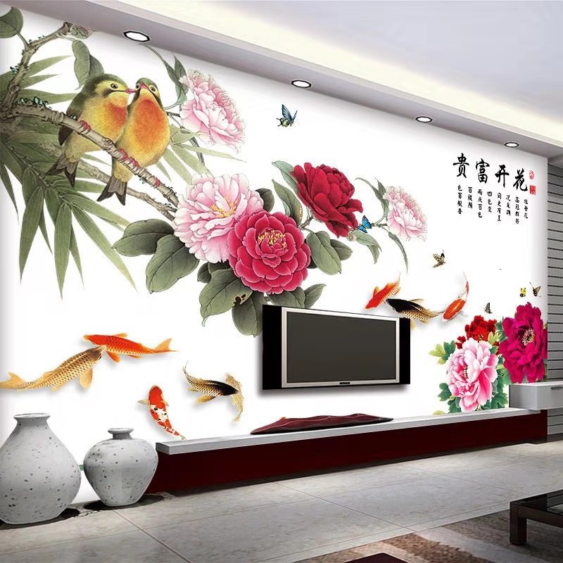 Decal dán tường cành hoa mẫu đơn và chim 3D khổ lớn CH2006