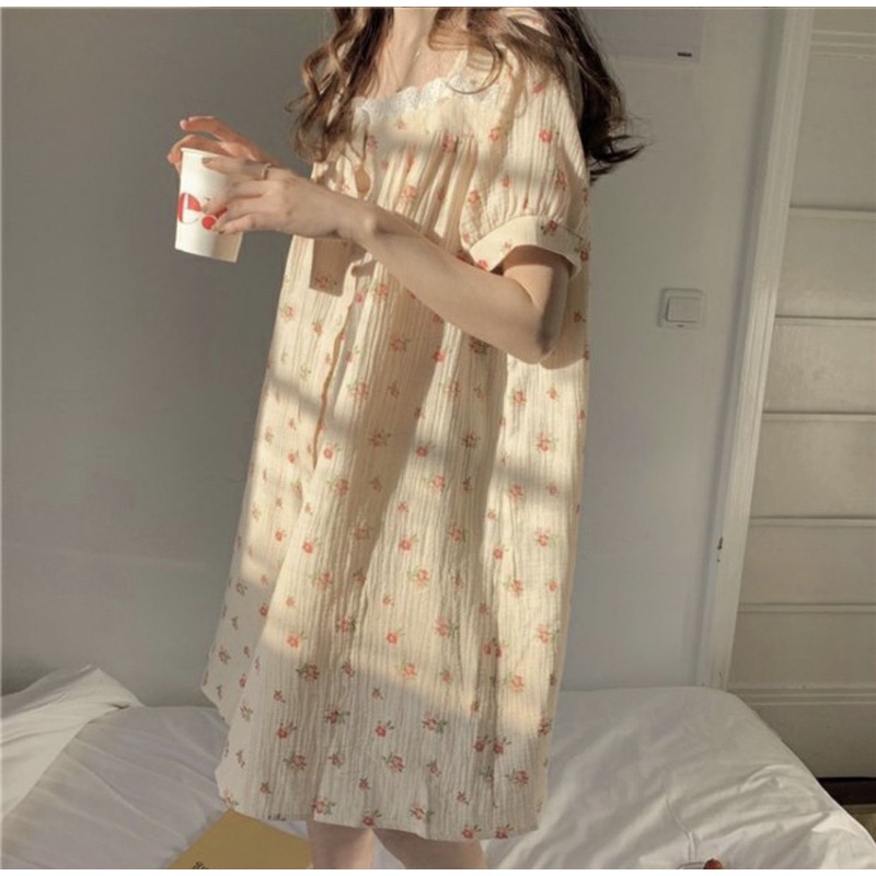Váy ngủ 2 màu hoa vải xô muslin VN008 tiểu thư