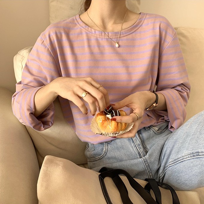 Áo Tay Dài Dáng Rộng Họa Tiết Kẻ Sọc Dễ Phối Đồ 44999