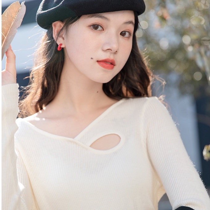 Áo dệt kim ZHELIHANGFEI tay dài dáng ôm thiết kế lỗ thời trang sang trọng dễ phối đồ cho nữ