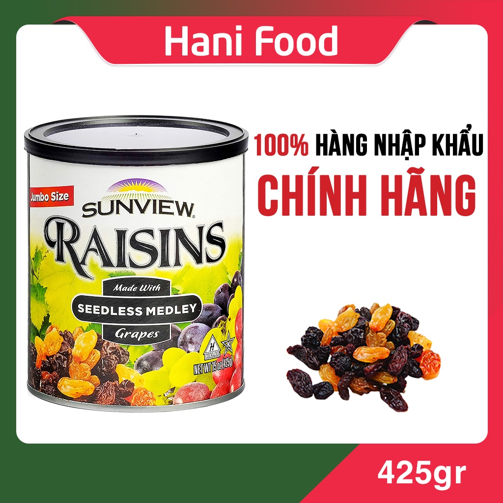 Nho Khô Mỹ Raisin Sunview không hạt vị thập cẩm 425g  Hani Food