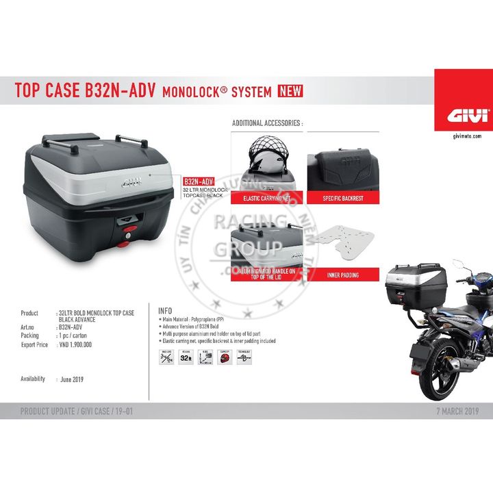 Thùng sau givi B32N-ADV 32 lít có lưới đựng tặng kèm đế hàng chính hãng bảo hành 2 năm