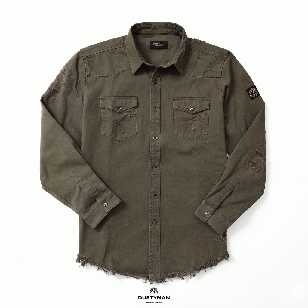 Sơ mi nam Frayed | Dustyman | 100% Cotton cao cấp | Xanh rêu