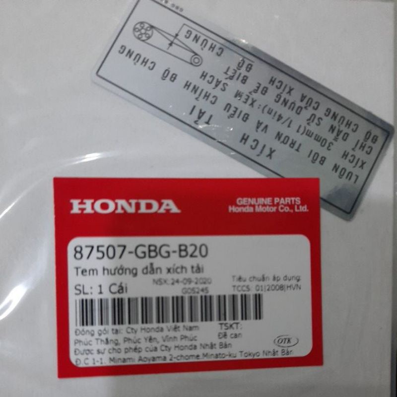 Tem hướng dẫn xích tải gắn xe Honda ( Mã:78507-GBG-B20) Chính hãng honda .Tem dán hộp xích xe super DREAM