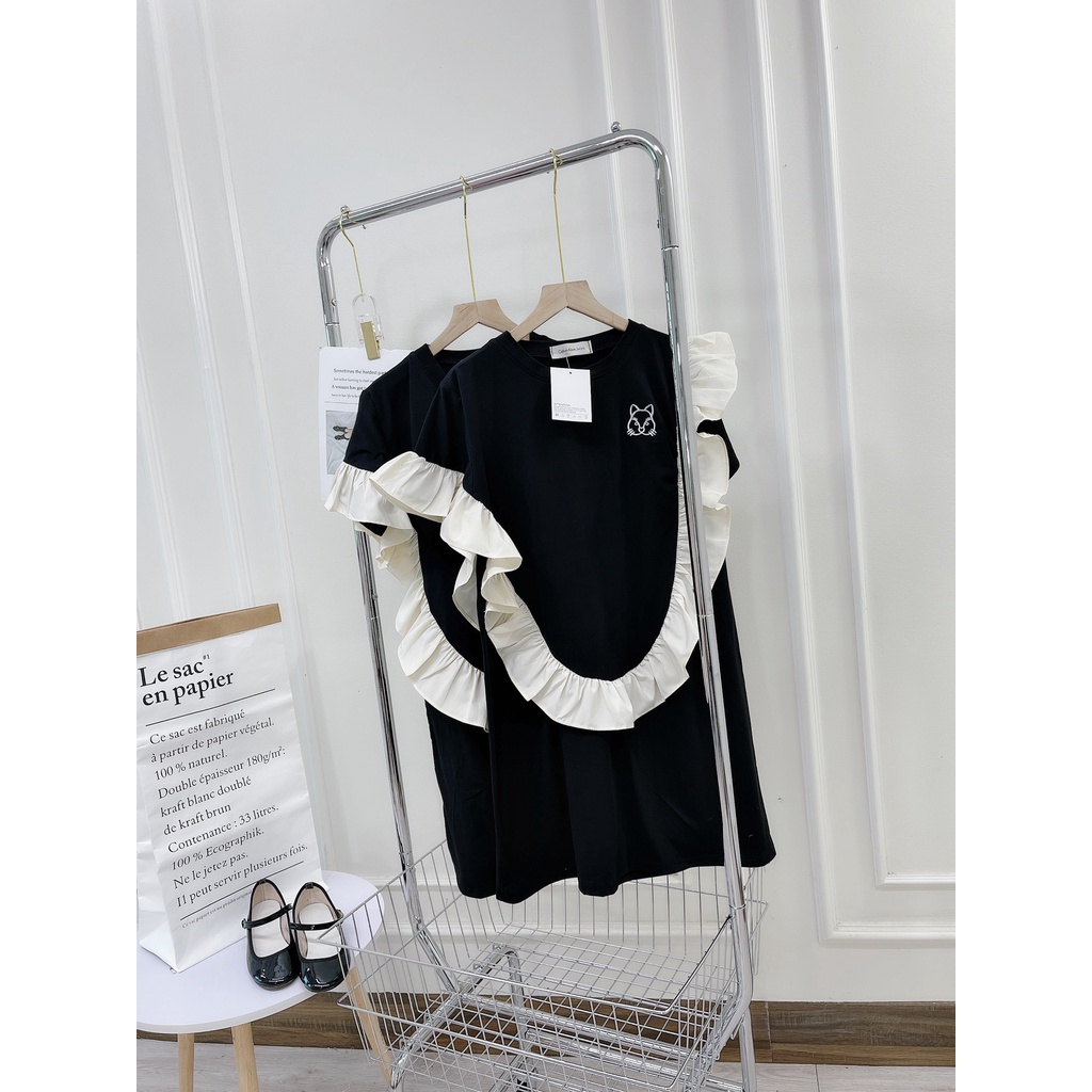 Đầm cotton phối bèo thêu hình chú sóc xinh xắn DN745