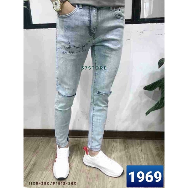 Quần jean nam rách gối 1 bên wash kiểu 1969