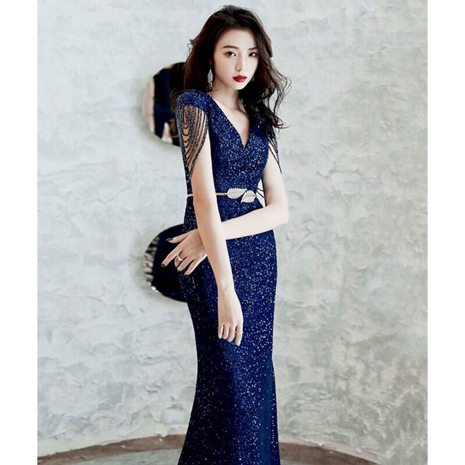 Đầm dạ hội kim sa tay kết đá cao cấp