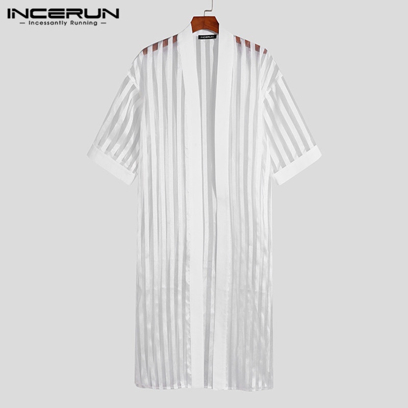 Áo cardigan Incerun tay lửng kẻ sọc dáng rộng kiểu xuyên thấu quyến rũ cho nam