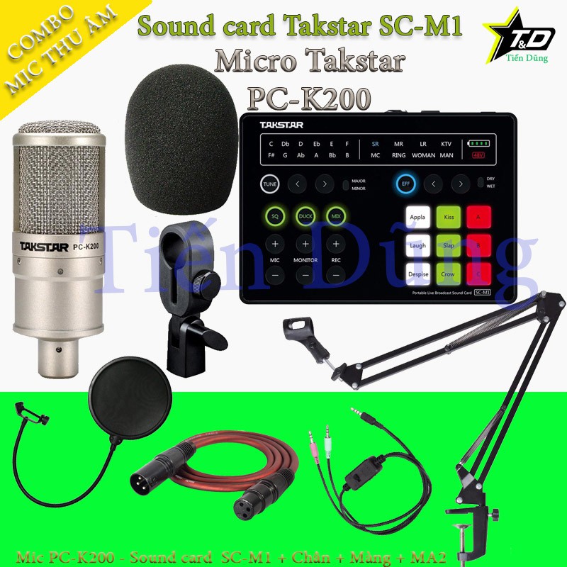 Combo mic thu âm takstar PC K200 và sound card SC M1 đi với chân màng dây livestream MA2 bộ đầy đủ