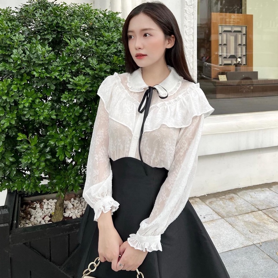 Áo sơ mi Chillgals xếp bèo nhún phối nơ AO-006