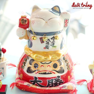 Mèo Thần tài Jinshi 3 chuông ngồi Daruma 25cm “Kim Vận Mãn Tái” (có video sản phẩm)