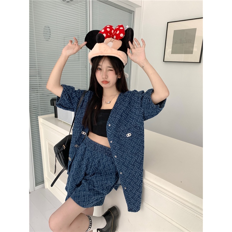 Set Áo Sơ Mi Denim Ngắn Tay + Quần Short Jeans Lưng Cao Ống Rộng Thời Trang Cho Nữ