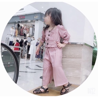 Bộ đũi dài tay quần ống rộng phối cúc gỗ siêu xinh