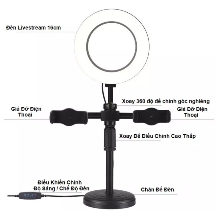 Đèn led livestream để bàn mini tích hợp 2 giá đỡ điện thoại kiểu chữ T