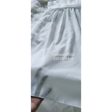 TTL Đầm xòe midi trắng tay phồng nhún chéo eo nina Lê cổ tròn dự tiệc thắt nơ sau lưng