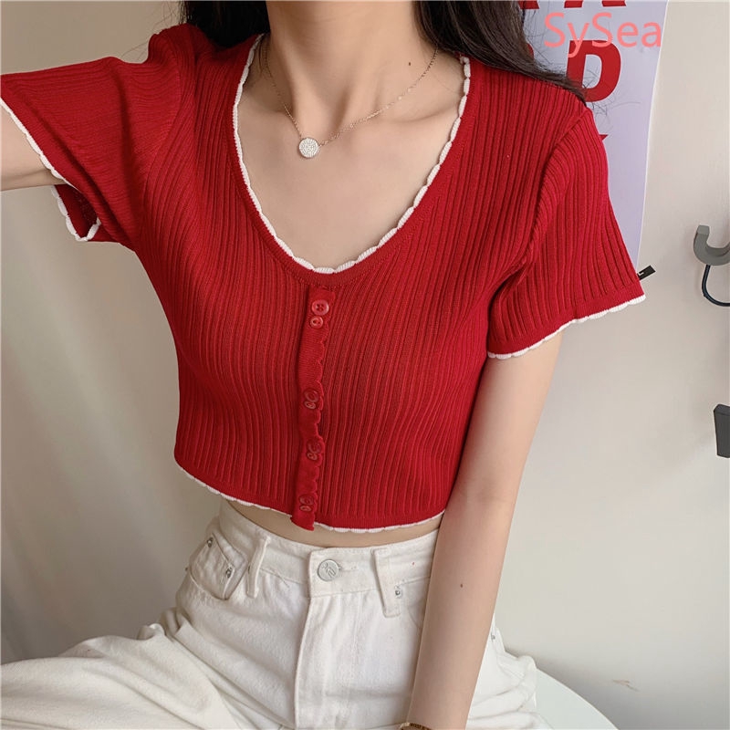 Áo Croptop Dệt Kim Tay Ngắn Thiết Kế Cổ Chữ V Quyến Rũ Cho Nữ