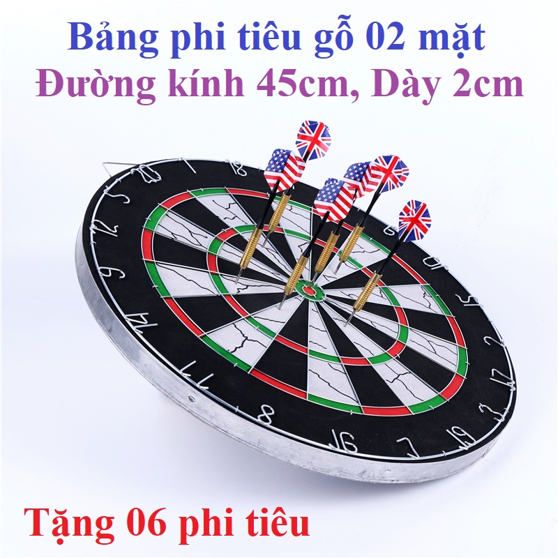 [ĐƯỜNG KÍNH 45CM, DÀY 2CM] Bảng phi tiêu 18 inches, 02 mặt bằng gỗ, chữ sắt cao cấp chuẩn quốc tế