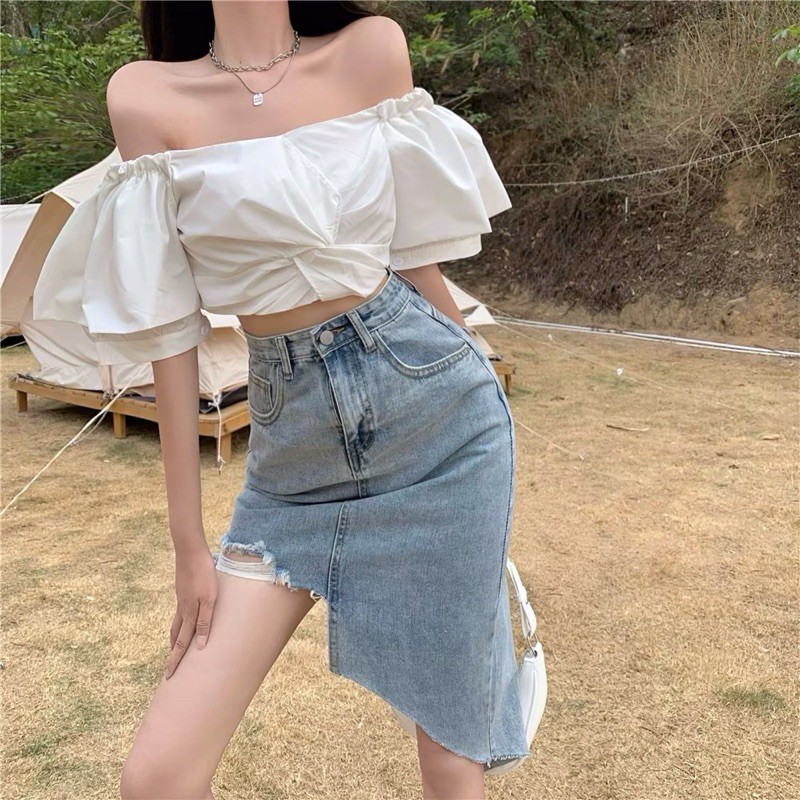 Áo trễ vai buộc nơ lưng tay phồng dáng ngắn croptop ulzzang