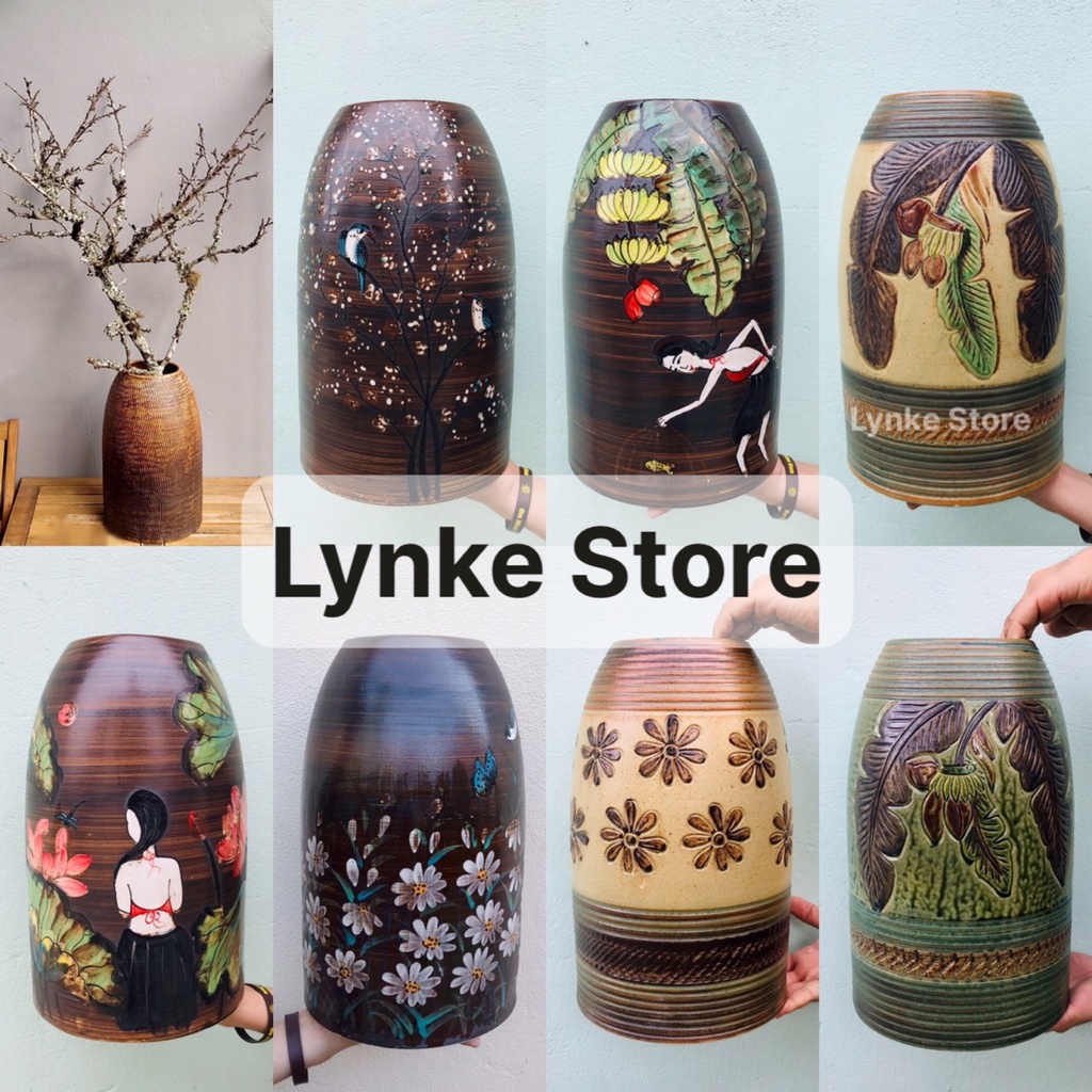 Bình Hoa Lọ Hoa Gốm Dáng Chuông To Khắc Vẽ Tay Thủ Công Gốm Sứ Bát Tràng - Lynke Store