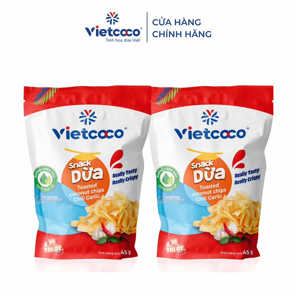 Combo 02 túi Snack dừa Vietcoco vị truyền thống + vị tỏi ớt 45gr túi