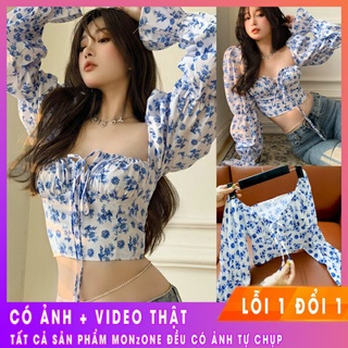 Áo Croptop tay dài hoa xanh ⭐ Áo tay phồng, cúp ngực nữ tính AD001