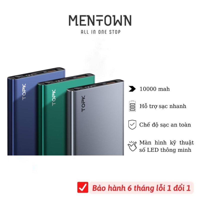 I1006 Pin dự phòng 10000mah vỏ nhôm 10W TOPK chính hãng