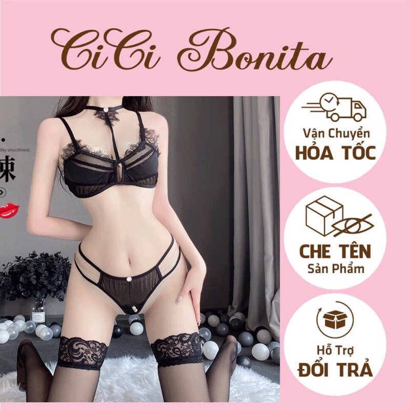 Set đồ lót ren sexy phối hoa kèm vòng cổ siêu gợi cảm , nội y quyến rũ CL22 CICI BONITA HCM