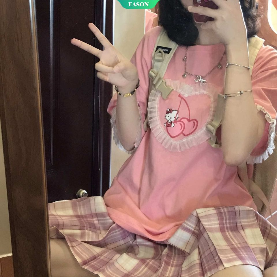 Áo Thun Nữ Tay Ngắn In Hình Mèo Hello Kitty Dễ Thương