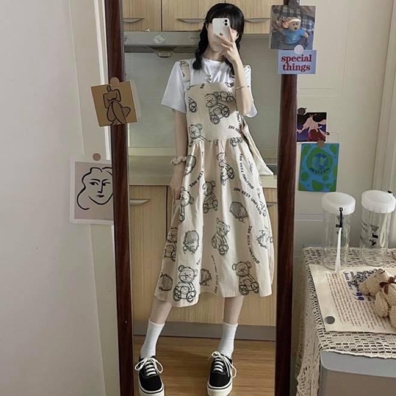 Đầm yếm hai dây maxi nữ phồng xoè hoạ tiết gấu bigsize - Order taobao quảng châu