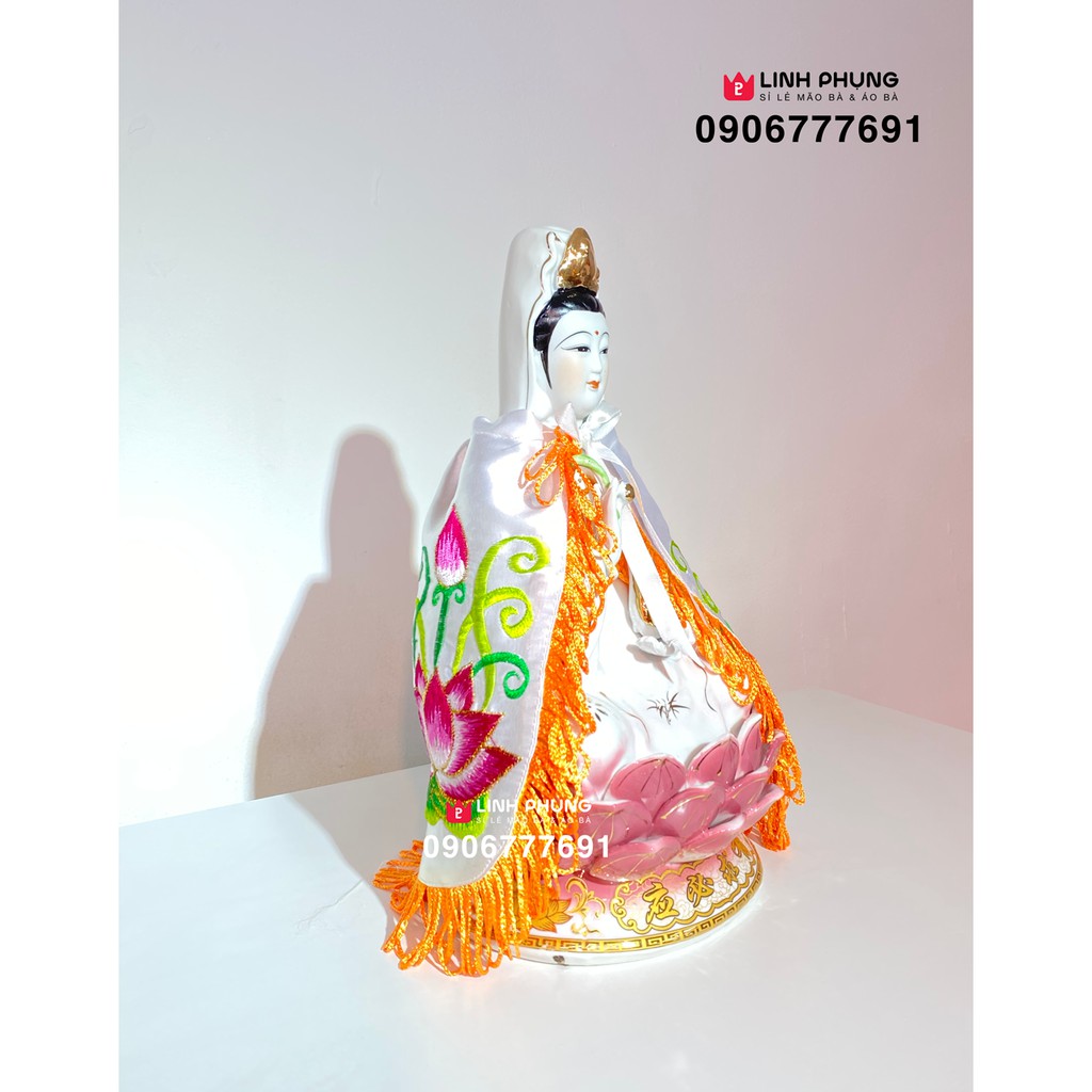 Áo choàng Quan Âm tượng nhỏ thờ nhà - vải phi thêu sen trúc (20cm)