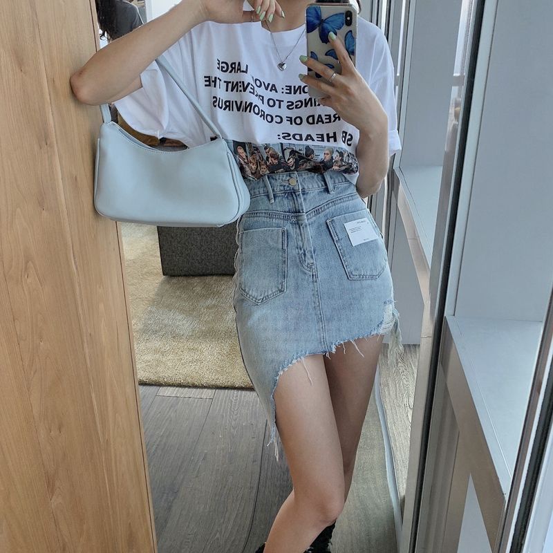 Jiashucheng Chân Váy Denim Mùa Hè Dáng Chữ a Lưng Cao Thiết Kế Không Đồng Đều Phong Cách Mới Cho Nữ