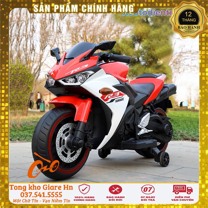 Xe máy điện cao cấp cho bé, Xe máy điện mô tô R3 sử dụng chân ga - nhạc, ác quy 12v, Bh 1 năm