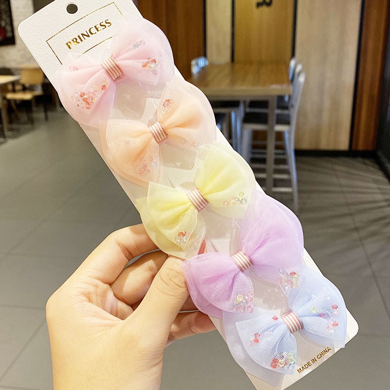 Set 5 Kẹp Tóc Nơ Ruy Băng Bằng Vải Chiffon Cho Bé Gái