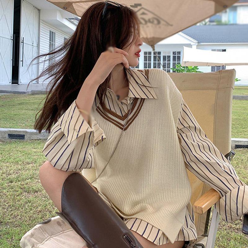 Áo sweater cổ chữ V sát nách trẻ trung cho nữ