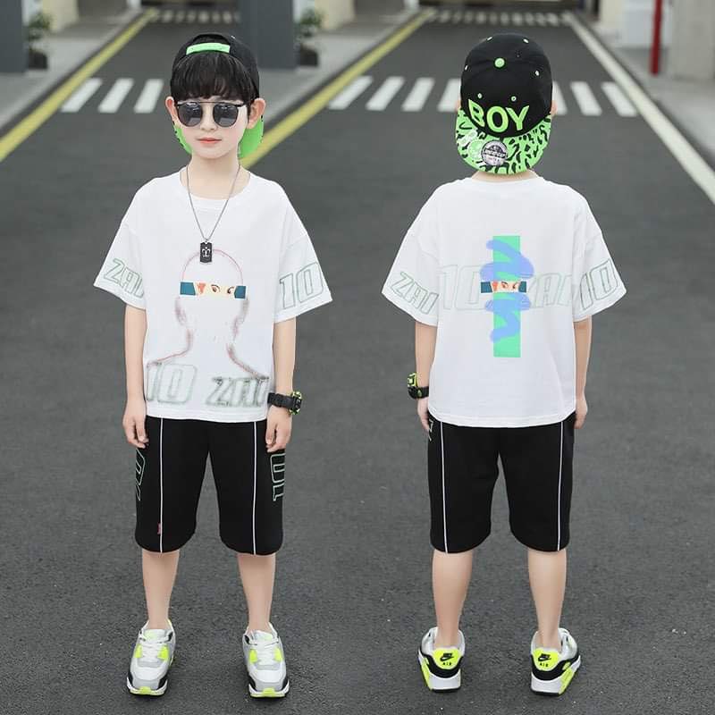 Bộ quần áo trẻ em, bộ cotton bé trai phong cách hiphop 14-36kg