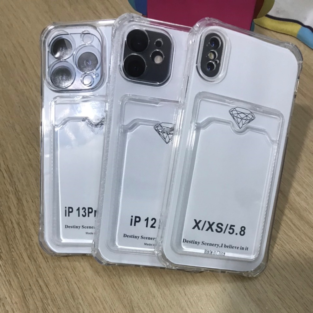 Ốp lưng dẻo trong suốt có ngăn nhét thẻ card chống sốc 4 góc cho iPhone X/XS, 12/12 Pro, 13/13 Pro giá rẻ